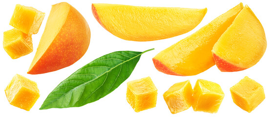 Wall Mural - Collection of mango cubes and slices on white background. File contains clipping path.