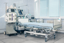 The Interior Of The Intensive Care Unit In The Clinic, Without People. Medicine And Emergency Care For Patients.
