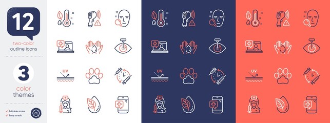 Wall Mural - Set of Medical help, Electronic thermometer and Medical phone line icons. Include Organic product, Thermometer, Vaccination icons. Face search, Uv protection, Eye laser web elements. Vector