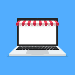 Wall Mural - Online shopping concept. Open laptop with striped awning on blue background. Vector illustration..