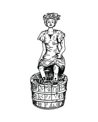 Young woman crushing grapes with legs for wine making. Gathering vines, home winery in the village. Engraving style. Vector illustration.