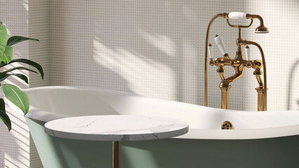 Realistic 3D render a blank empty marble table top for products mock up in modern luxury bathroom with classic vintage bathtub and golden faucets set in background. Mosaic wall tiles, Copy space. 