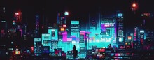 Cyberpunk Neon City Street At Night. Futuristic City Scene In A Style Of Pixel Art. 80's Wallpaper. Retro Future 3D Illustration. Urban Scene.	