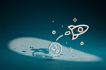 Poster - Beautiful abstract illustrations Rocket Launch symbol icon on a dark blue background. 3d rendering illustration. Space exploration..