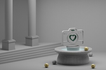 Poster - Beautiful abstract illustrations Digital Camera with heart  symbol icon on a fountain and column background. 3d rendering illustration. Background pattern for design. Wedding day.