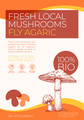 Wall Mural - Fresh Local Mushrooms Label Template. Abstract Vector Packaging Design Layout Modern Typography Banner with Hand Drawn Fly Agaric Sketch Silhouette Background