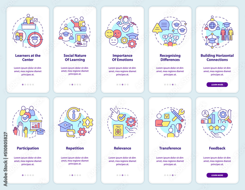 Principles of learning onboarding mobile app screen set. Walkthrough 5 ...