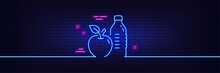 Neon Light Glow Effect. Healthy Food And Drink Line Icon. Water With Apple Sign. Gym Fit Bottle Symbol. 3d Line Neon Glow Icon. Brick Wall Banner. Healthy Food Outline. Vector