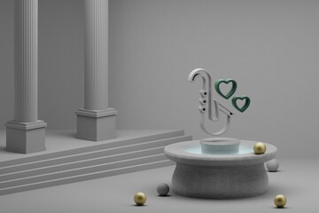 Poster - Beautiful abstract illustrations Saxophone with heart symbol icon on a fountain and column background. 3d rendering illustration. Background pattern for design. Wedding day.