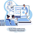 Qualified employee training program. Refresher course metaphor. Help in professional development. Learning for software development and growth. Agile project management team project life scrum meeting