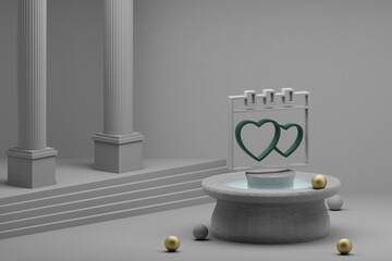 Poster - Beautiful abstract illustrations Wedding Date with heart symbol icon on a fountain and column background. 3d rendering illustration. Background pattern for design. Wedding day.