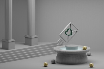 Poster - Beautiful abstract illustrations Wedding Invitation with heart symbol icon on a fountain and column background. 3d rendering illustration. Background pattern for design. Wedding day.