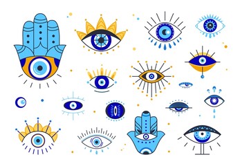 Wall Mural - Doodle occult eyes. Tribal esoteric line eye, tattoo stencil. Greek or turkish protection ethnic symbols. Magic spiritual art elements, mystical classy vector set