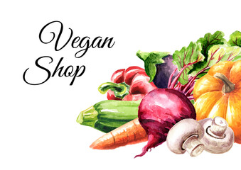 Wall Mural - Vegan Shop . Hand drawn watercolor illustration  isolated on white background