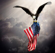canvas print picture Eagle With American Flag Flies In The Sky With Blurred Bokeh And Sunlight Effect - Independence Day