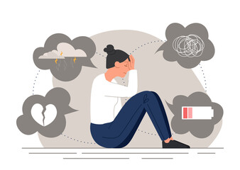 Depressed woman concept. Exhausted girl with low battery, emotional burnout, frustration and depression. Sad character covering head with hands, loneliness. Cartoon flat vector illustration