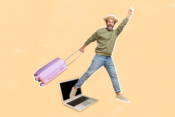 Canvas Print - Composite collage image of excited cheerful person hold suitcase raise fist flight from netbook display