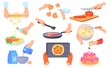 Preparing food process. Hands with tongs cooking meat or cut vegetables for salad ingredients, prepare dough for bake cake, hand roller preparation pizza, neat vector illustration