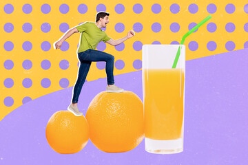 Poster - Creative collage picture of excited person running climb oranges juice glass isolated on drawing background