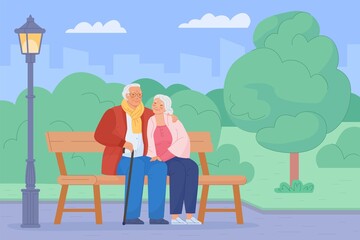 Seniors on bench. Senior couples sitting in park enjoying nature, elder retired couple outdoors, love of grandparents retirement lifestyle old people, swanky vector illustration