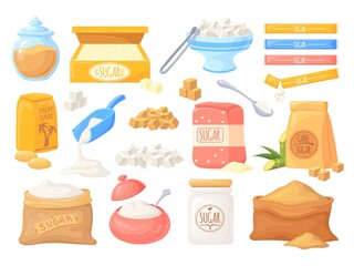 Cartoon sucrose. Sugar spoon and colors packages pouring sugars, box organic sweets block pour powder teaspoon sugared food sweeten flour, granulated cube, neat vector illustration