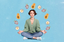 Collage Portrait Of Peaceful Person Sitting Meditate Think Fresh Fruits Isolated On Blue Creative Background