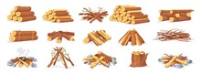 Pile Firewood. Stack Wood Log Bonfire, Cartoon Sticks Branches Timber Forest Tree For Burning Fire, Bundle Dry Brushwood Timbered Firewoods Lumber Trunk, Neat Vector Illustration