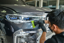 Side View Of Car Window Tint, Ceramic Film Provides Heat Rejection And UV Protection With Stable Color, Car Film Installed On The Glass Surface Of The , Selected Focus Car Tinting Service