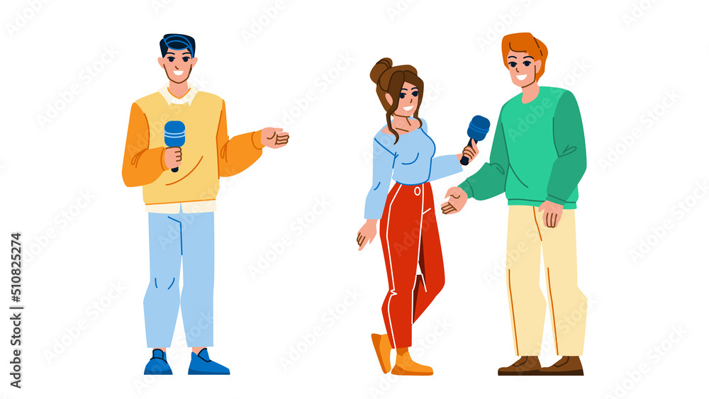 journalist interview vector. news tv, microphone press, media reportet, television communication journalist interview character. people flat cartoon illustration