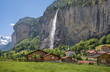 Landscape of  Lauterbrunnen village, the Staubbach Fall  and the Lauterbrunnen Wall in Swiss Alps, Switzerland.