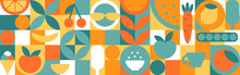 Food - Set Of Geometric Shapes, Circles And Squares Drawn In Flat Cartoon Vector. Fruits And Vegetables In The Modern Trendy Style Of The 70s - Apple, Orange, Lemon, Cherry And Peas.