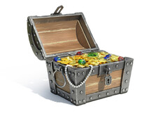 Open Treasure Chest Full Of Golden Coins, Gems And Pearls, 3d Rendering