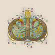 Illuminated, Medieval Initial Letter W combining animal body parts from Dogs, tendrils and endless Celtic knot ornaments