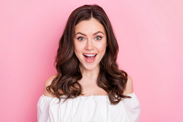 Poster - Photo of cheerful overjoyed young woman see huge discounts her favorite shop isolated on pink color background