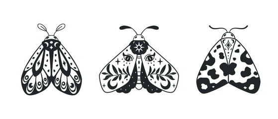 Wall Mural - mystical set of decorative moths. black outline design. vector with a slotted pattern. use this cele