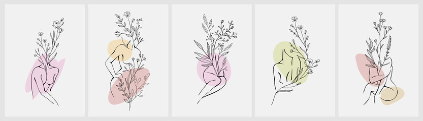 Wall Mural - concept art of blossom beauty. elegant linear woman with floral branch and wildflowers. minimalistic