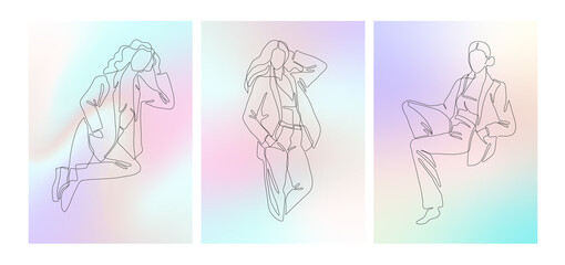 Wall Mural - set of elegant poster with abstract linear woman on liquid holographic gradient. minimalistic female