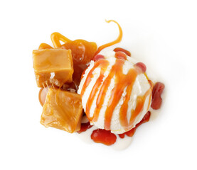 Aufkleber - Ice cream ball with caramel cubes and caramel sauce isolated on white. Top view of ice cream.