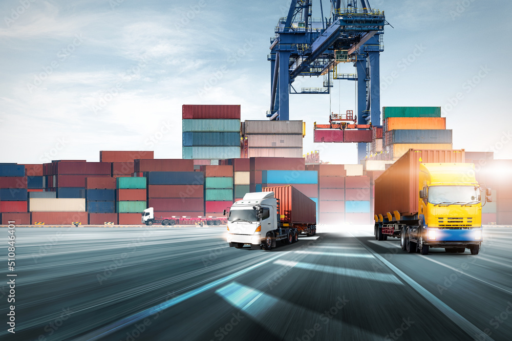 Photo Stock Container Truck on highway at ship port blue sky background ...
