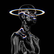 Abstract Illustration From 3D Rendering Of Shiny Chrome Material Female Bust Figure With White Halo Light Ring Isolated On Black Background.