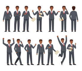Fototapete - Office Man Character in Suit and Red Tie in Different Pose Vector Set