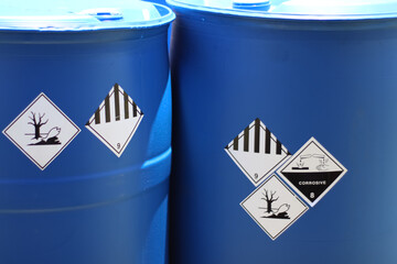 Poster - Corrosive chemical symbols on a chemical tank