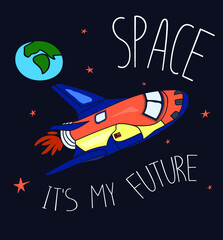 typography slogan with colorful cartoon rocket illustration