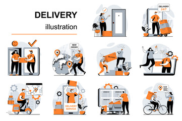 Aufkleber - Delivery service concept with people scenes set in flat design. Women and men receive parcels, courier carries box, delivers orders to addresses. Vector illustration visual stories collection for web