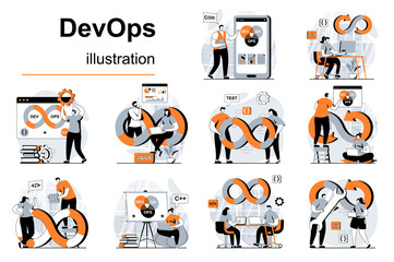 Poster - DevOps concept with people scenes set in flat design. Women and men working in development and collaboration processes on programming products. Vector illustration visual stories collection for web