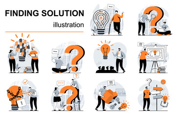 Finding solution concept with people scenes set in flat design. Women and men think, generate ideas, brainstorming and creativity for business. Vector illustration visual stories collection for web