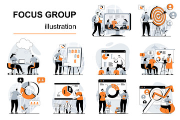 Aufkleber - Focus group concept with people scenes set in flat design. Women and men do marketing research, study customer behavior and develop strategy. Vector illustration visual stories collection for web