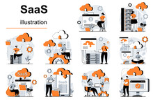 SaaS Concept With People Scenes Set In Flat Design. Women And Men Uses Programs And Cloud Processing With Subscription. Software As A Service. Vector Illustration Visual Stories Collection For Web