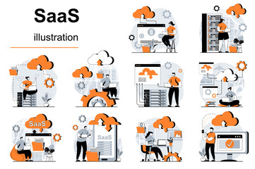 SaaS concept with people scenes set in flat design. Women and men uses programs and cloud processing with subscription. Software as a service. Vector illustration visual stories collection for web