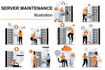 Wall Mural - Server maintenance concept with people scenes set in flat design. Women and men working in server room, tech support optimize data center work. Vector illustration visual stories collection for web